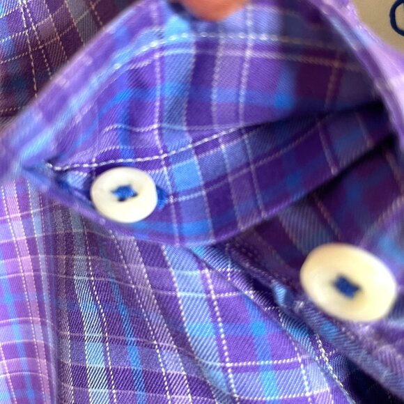 David Donahue Shirt Mens MEDIUM Blue Purple Plaid Button Up 100% Cotton - Picture 8 of 11